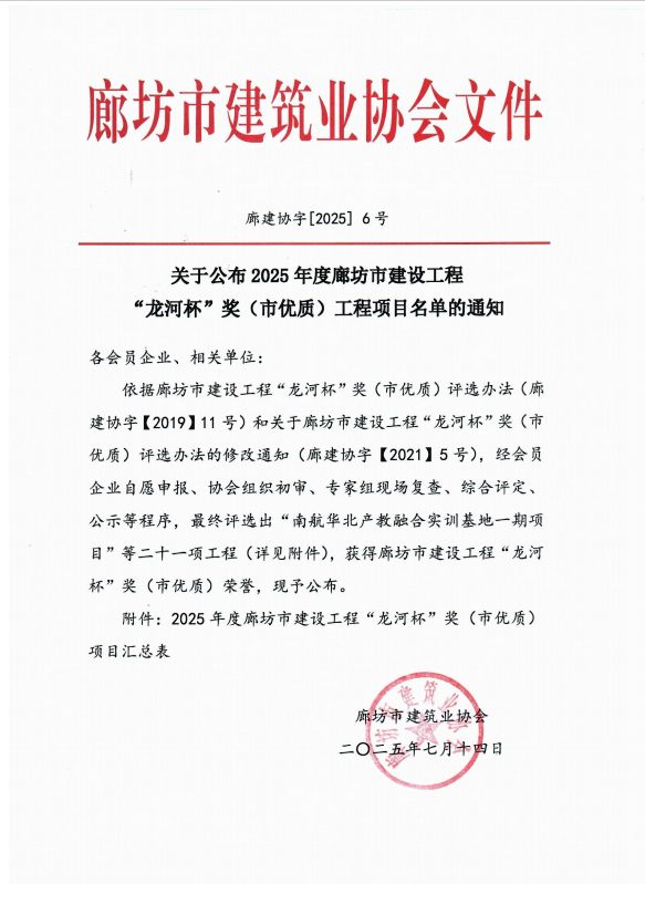 公司監(jiān)理項目榮耀斬獲2025年河北省廊坊市“龍河杯”優(yōu)質工程獎